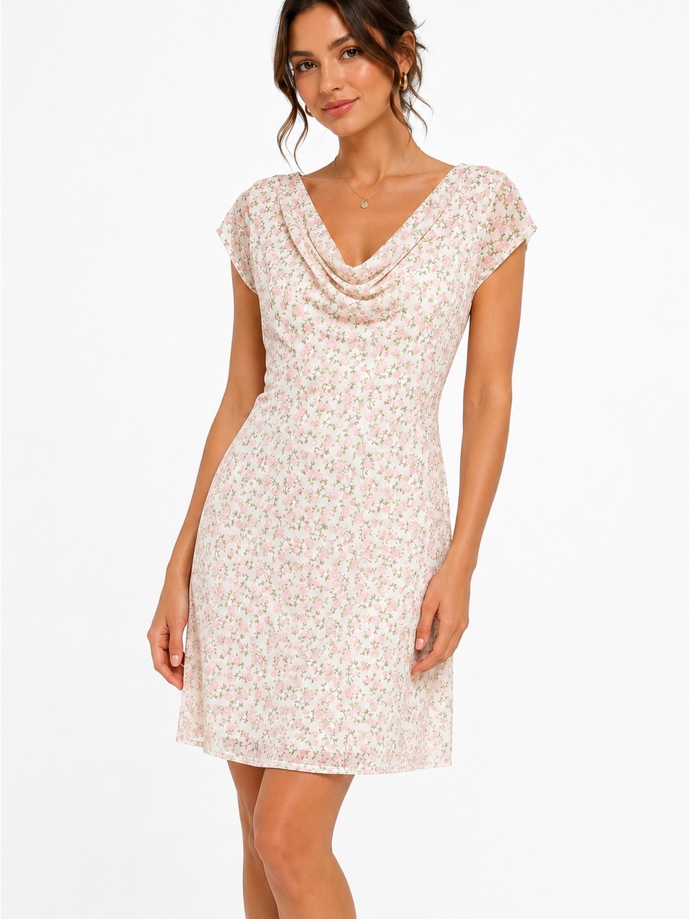 Pink & Cream Floral Cowl Neck Mini Dress